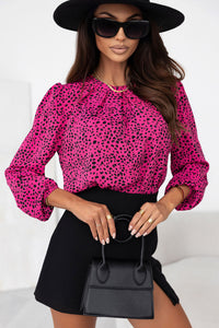 Pink Animal Print Long Sleeve Shirt Leopard Round Neck Balloon Sleeve Blouse