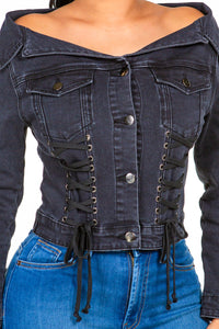 Women's Casual  Off Shoulder Lace Up Denim Jacket