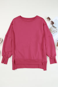 Pink Sweater Women's Fashion Slit Exposed Seam Round Neck Sweatshirt