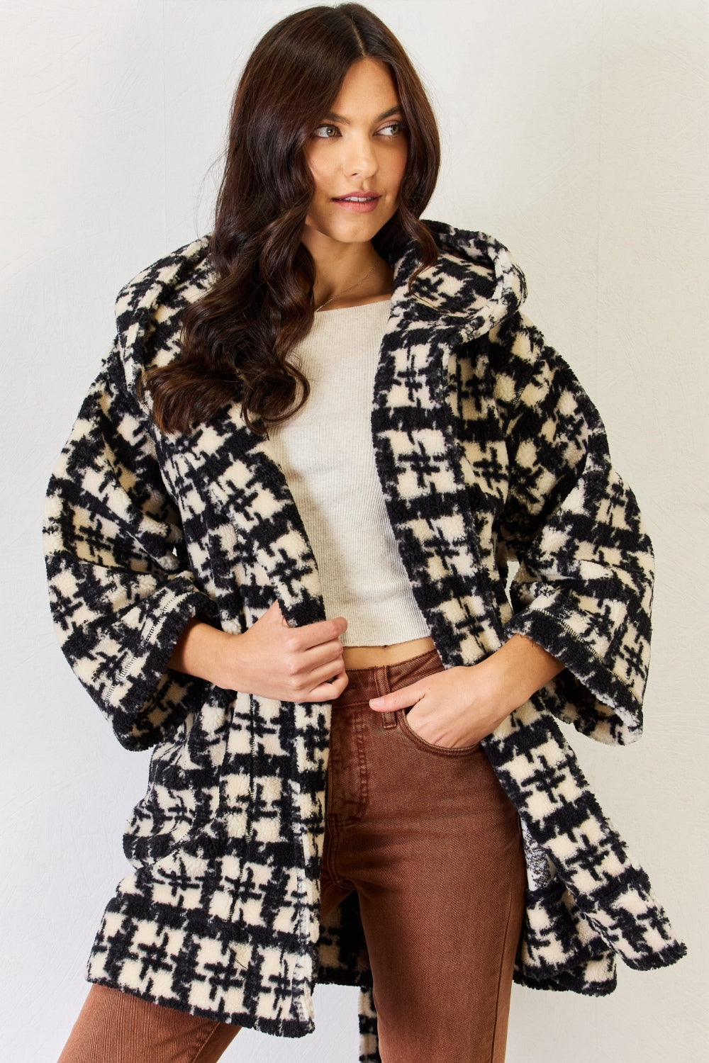 Fuzzy Jacket Black and White Pattern Plaid Waist Tie Hooded Women's Coat