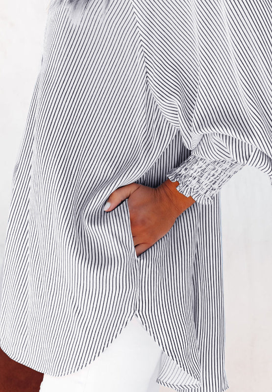 Striped Collared Neck Lantern Sleeve Shirt