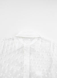 White Polka Dot Print Collared Buttoned Mesh Duster Kimono