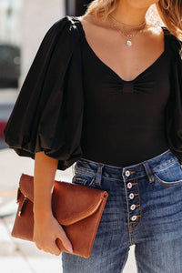 Black Bodysuit 100% Cotton Shirt Women's Fashion V-Neck Ruched Lantern Sleeve Bodysuit Blouse KESLEY