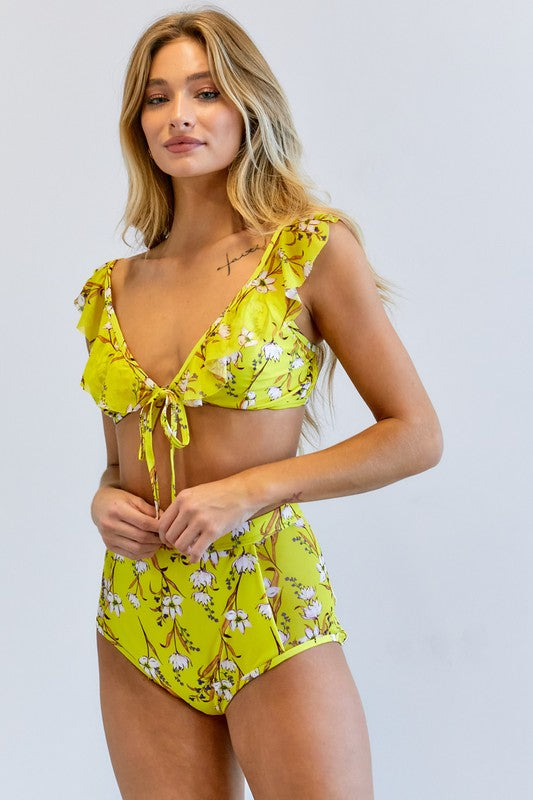 Bikini Set Two Piece High Waist Yellow Floral Printed Bathing Suit Two Piece  Set