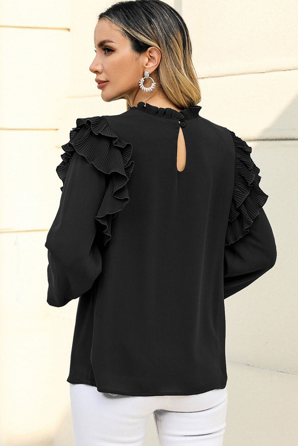 Black Ruffled Round Neck Long Sleeve Blouse New Women's Fashion Tops