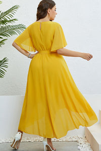 Belted Flutter Sleeve High-Low Dress Plus Size Casual Yellow Midi Dress