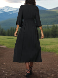 Black Slit V-Neck Long Sleeve Midi Dress