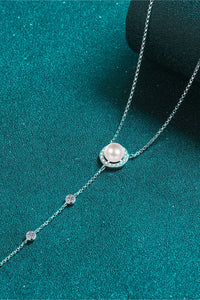 Lariat Necklace with Pearl 925 Sterling Silver Moissanite Rhodium-Plated Necklace
