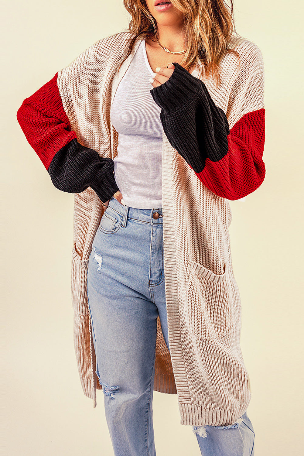 Color Block Rib-Knit Longline Cardigan with Front Pockets