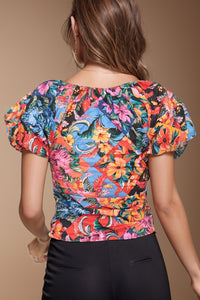 Ruched Printed V-Neck Short Sleeve Blouse Women's Fashion New Balloon Sleeve Top