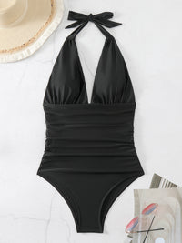 One Piece Swimsuit Nylon Fast Dry Premium Luxury Halter Neck Plunge Low V One-Piece Swimwear