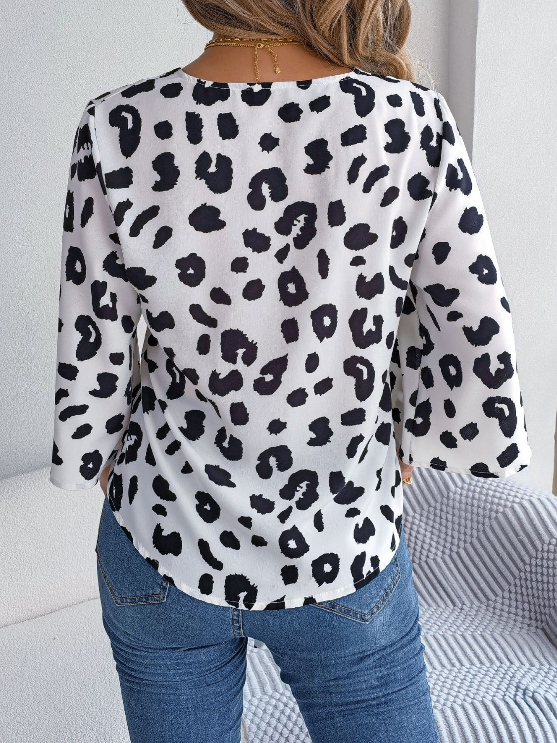 Animal Print Long Sleeve Shirt Women's Casual Tied Button Up Leopard V-Neck Blouse