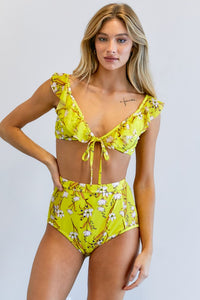 Bikini Set Two Piece High Waist Yellow Floral Printed Bathing Suit Two Piece  Set