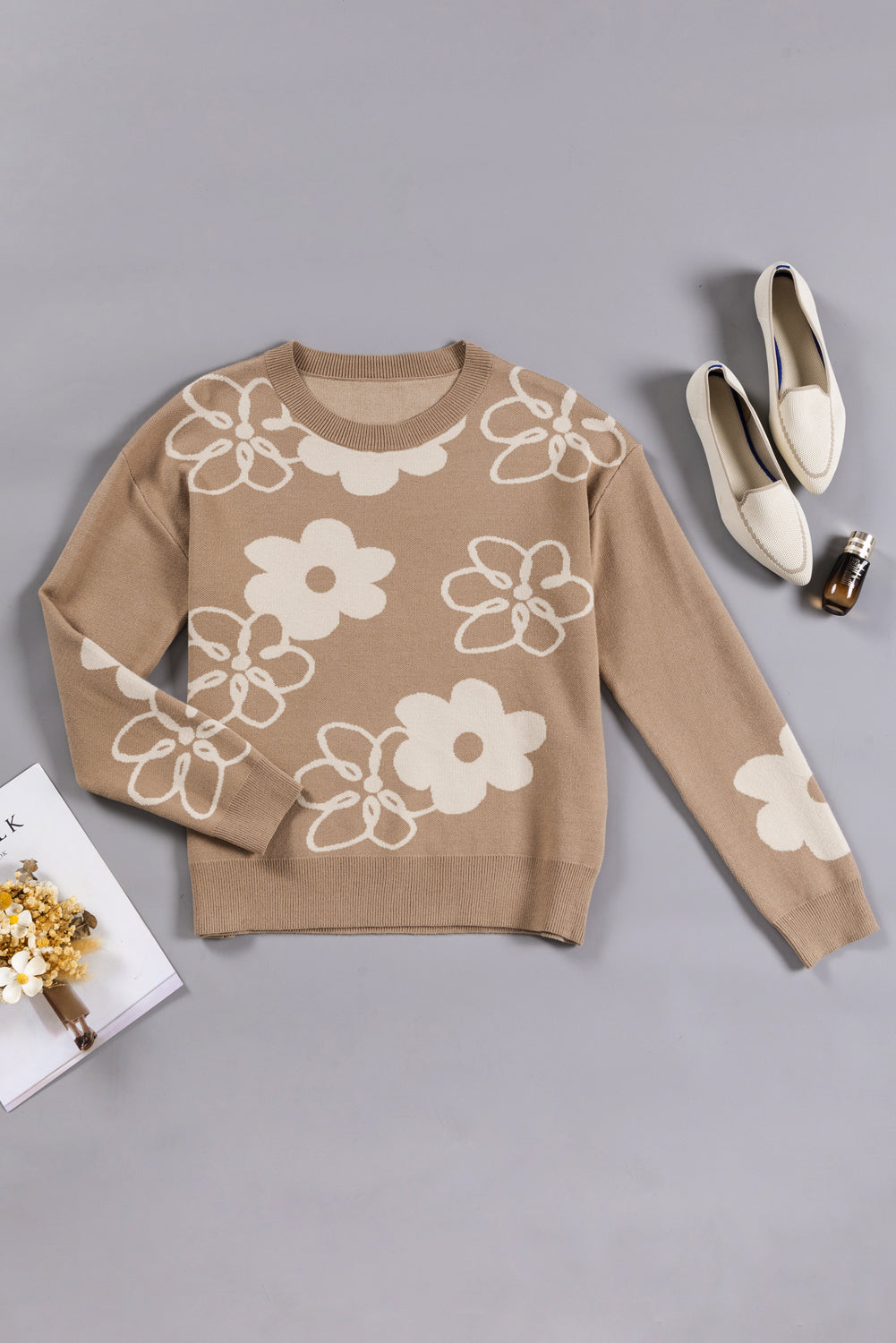 Flower Round Neck Dropped Shoulder Sweater
