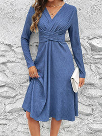 V Neck Long Sleeve Dress Women's Fashion Blue Casual Midi Dress KESLEY