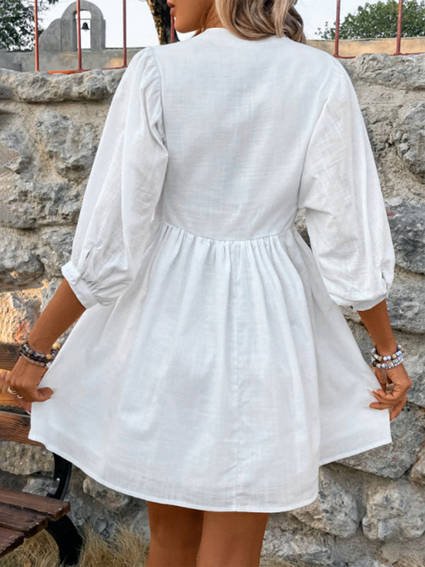 White Lace Detail Half Button Three-Quarter Sleeve Dress