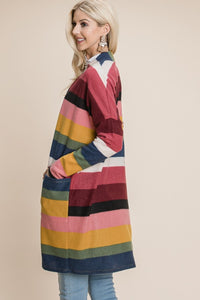 Women's Long Fashion Sweater Color Block Striped Open Front Cardigan