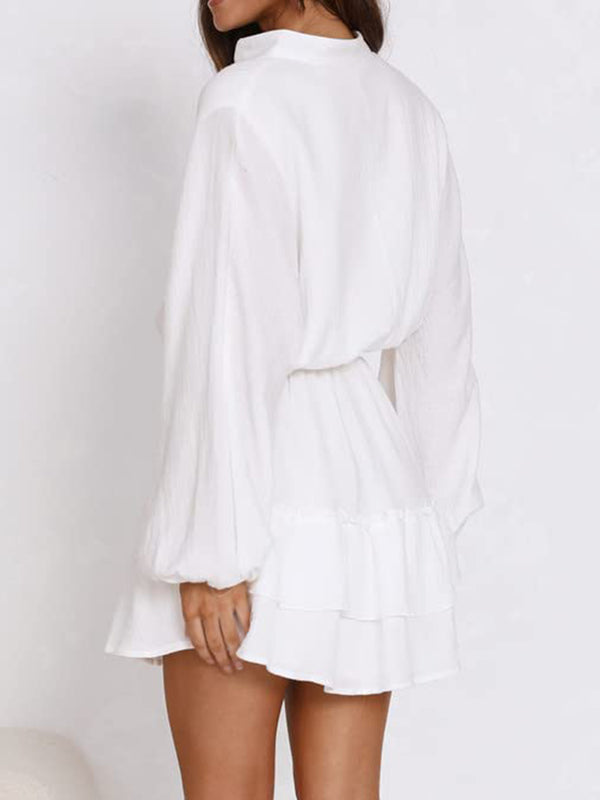 Ruffled Notched Balloon Sleeve Mini Dress