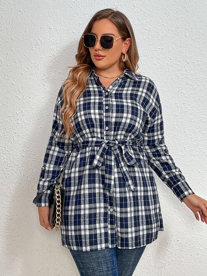 Plus Size Plaid Collared Neck Tie Waist Shirt