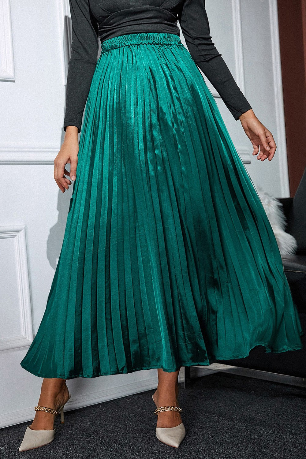 Pleated Elastic Waist Midi Skirt Women's Fashion Long Satin Skirt