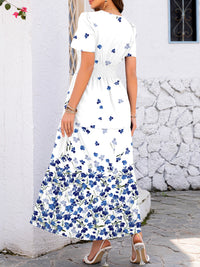 Smocked Printed Short Sleeve Midi Dress