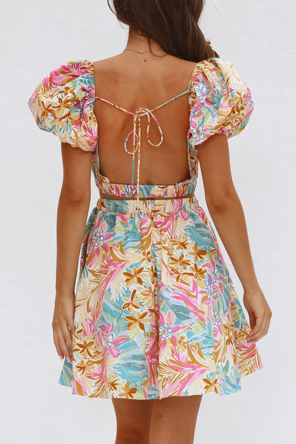 Puff Sleeve Floral Waist Cutout Backless Floral Short Sleeve Flare Skirt Mini Dress KESLEY