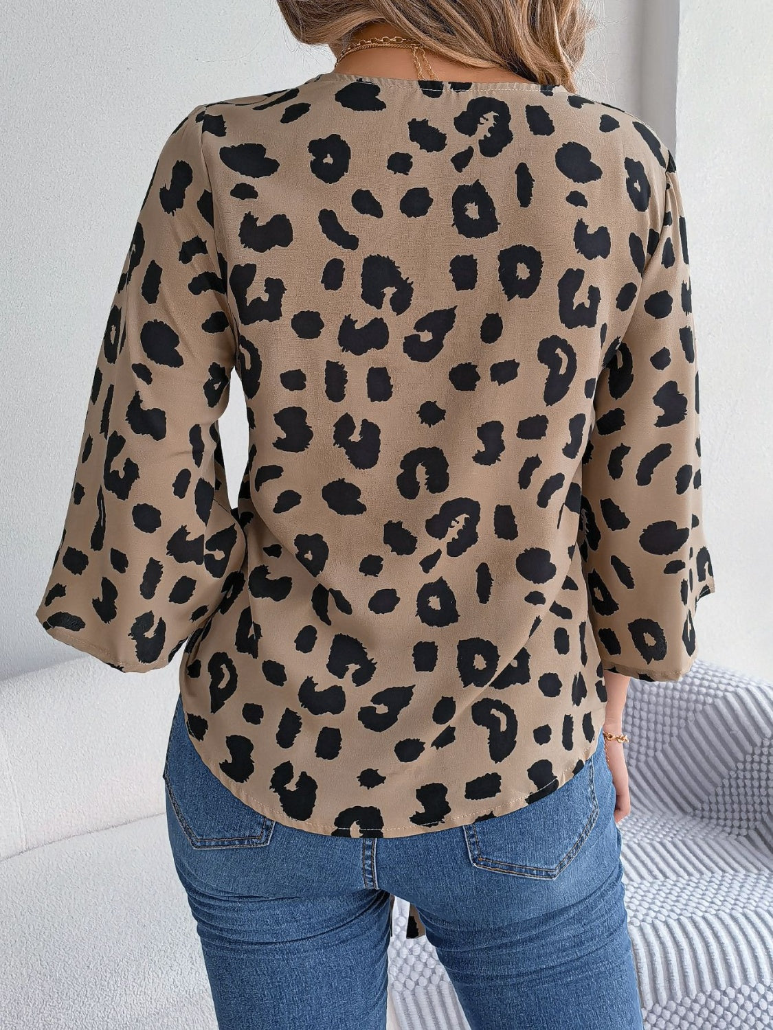 Animal Print Long Sleeve Shirt Women's Casual Tied Button Up Leopard V-Neck Blouse