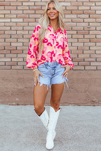 Pink Blooming Floral Print Puff Sleeve Buttoned Shirt