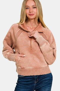 KESLEY Casual Acid Washed Half Zip Fleece Sweatshirt