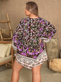 Plus Size Printed Tie Neck Mini Dress Boho Long Sleeve Casual Short Dress