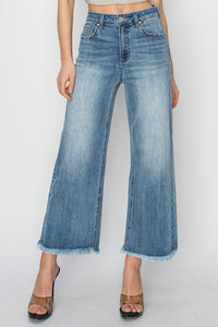 KESLEY Casual Cotton Jeans Raw Hem Cropped Wide Leg Jeans