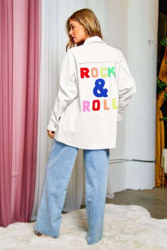 Rock and Roll Denim Shirt Women's 100% Cotton Graphic Multi Color Letters Fringed Hem Detail Shirt