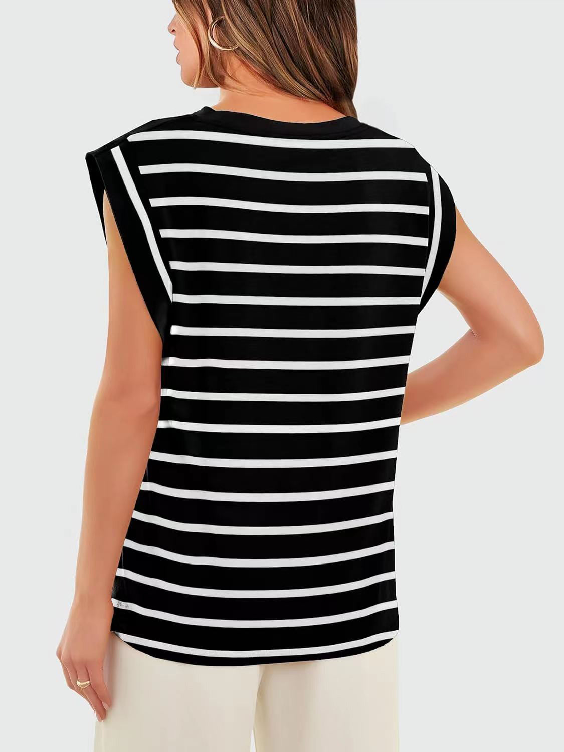 Striped Round Neck Cap Sleeve T-Shirt Women's Short Sleeve Top With Stripes KESLEY