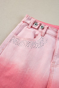 Pink Scattering Rhinestone Gradient Denim Pants