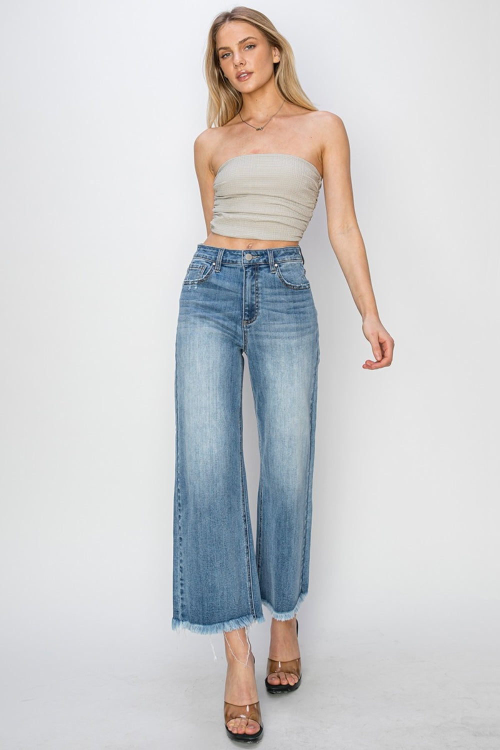 KESLEY Casual Cotton Jeans Raw Hem Cropped Wide Leg Jeans