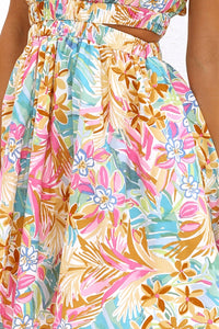 Puff Sleeve Floral Waist Cutout Backless Floral Short Sleeve Flare Skirt Mini Dress KESLEY