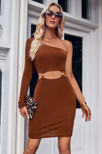 One Shoulder Waist Cutout Sexy Dress Asymmetrical One Shoulder Long Sleeve