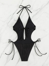 Black One-Piece Swimsuit Sexy Plunge Neckline Backless Textured Cutout Tied Bathing suit