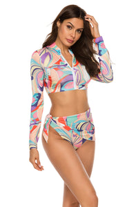 Swimsuit Set Two Piece Bikini Long Sleeve Printed Zip Up and Cover Up Skirt Three-Piece Swim Set