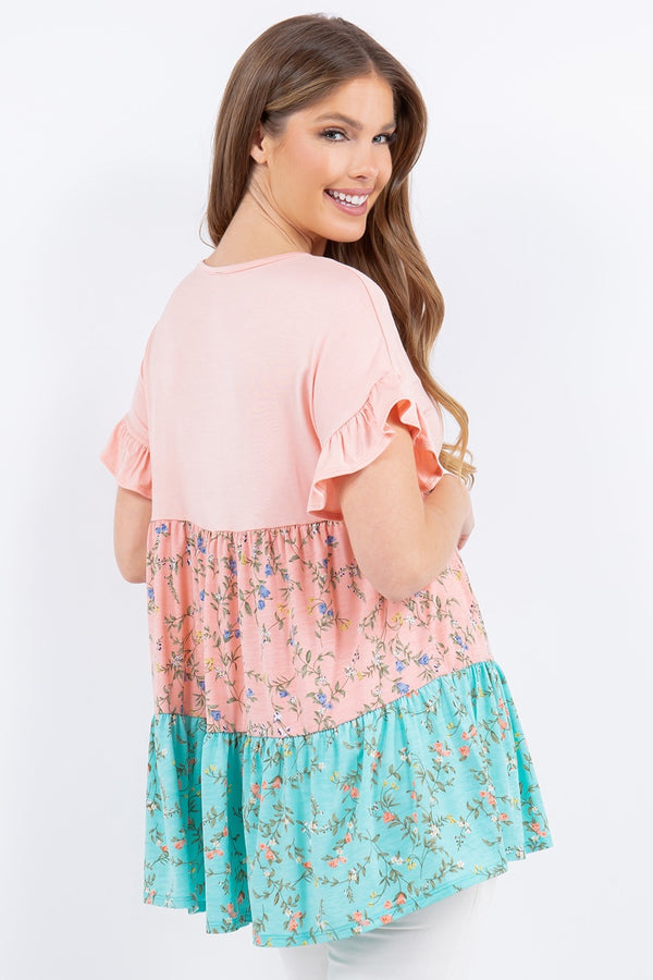 Celeste Full Size Floral Color Block Ruffled Short Sleeve Top