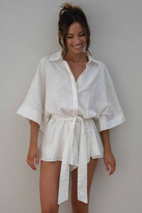 Tied Button Up Collared Neck Romper