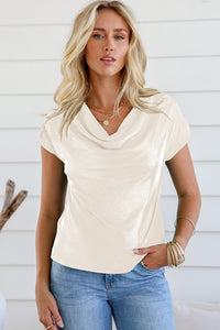 Cowl Neck Short Sleeve T-Shirt Solid Color Plain Women's Casual Loose Fit Blouse KESLEY