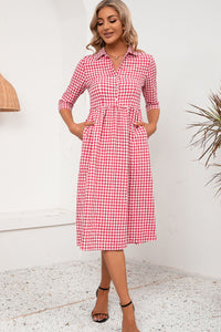 Plaid Collared Neck Midi Dress