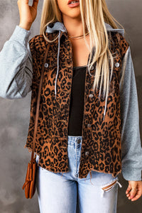 Denim Jacket Animal Print 100% Cotton Premium Leopard Distressed Drawstring Hooded Denim Jacket
