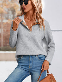 KESLEY Spliced Plaid Quarter-Snap Mock Neck Top Long Sleeve Sweater