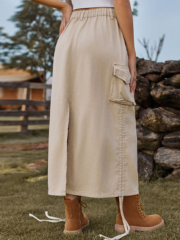 Cargo Maxi Skirt Drawstring Denim Skirt with Pockets