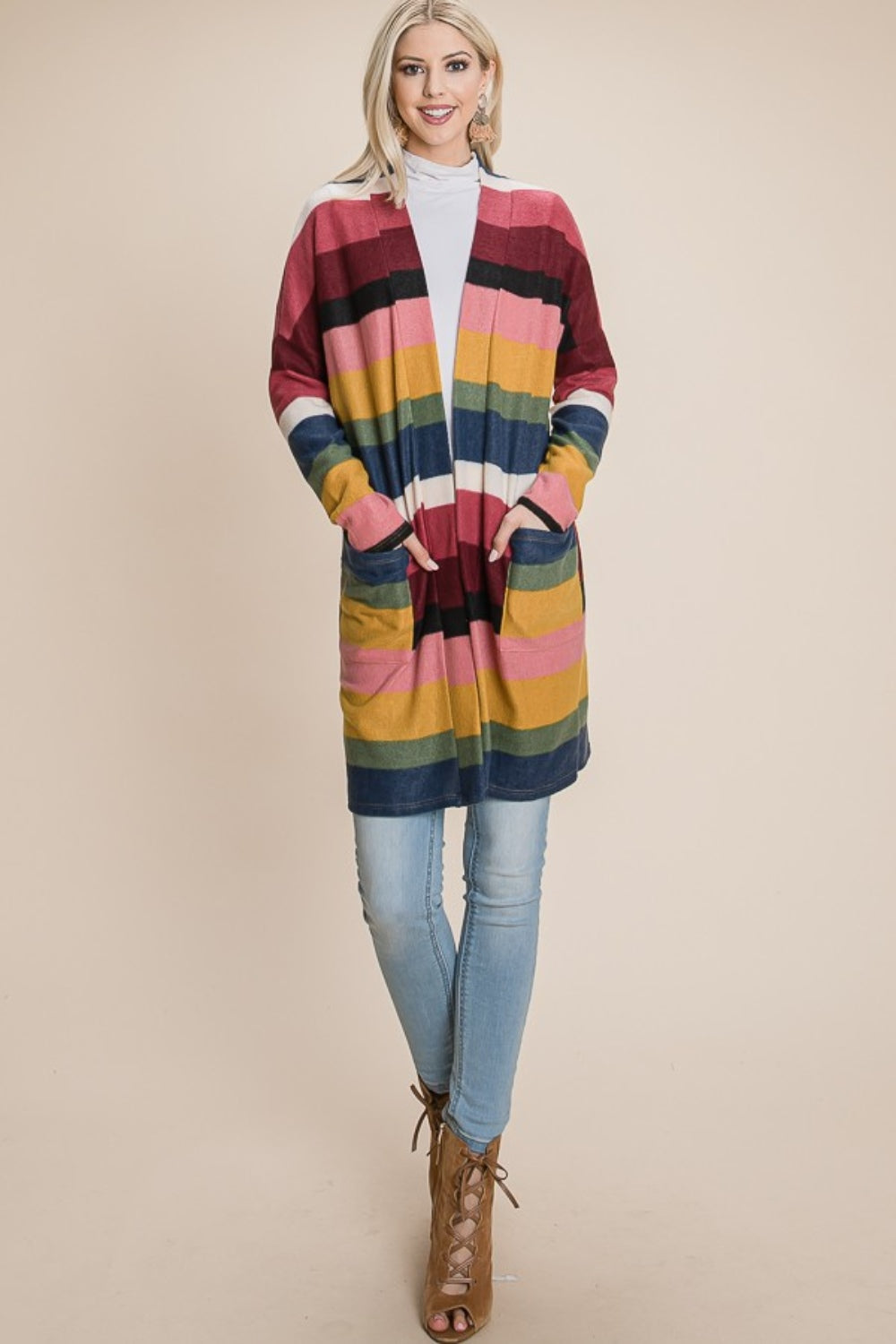 Women's Long Fashion Sweater Color Block Striped Open Front Cardigan