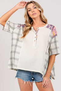 KESLEY Plaid Half Button 100% Cotton Shirt Casual Women's Top