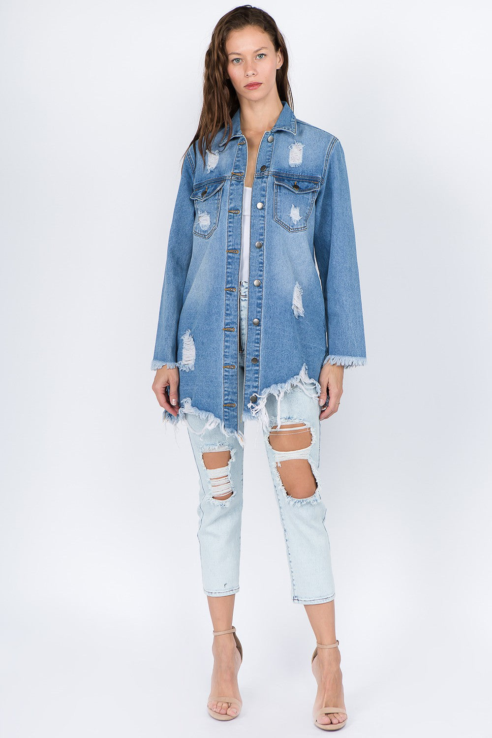 KESLEY 100% Cotton Jean Shirt  Distressed Frayed Hem Denim Jacket