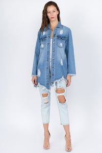 KESLEY 100% Cotton Jean Shirt  Distressed Frayed Hem Denim Jacket